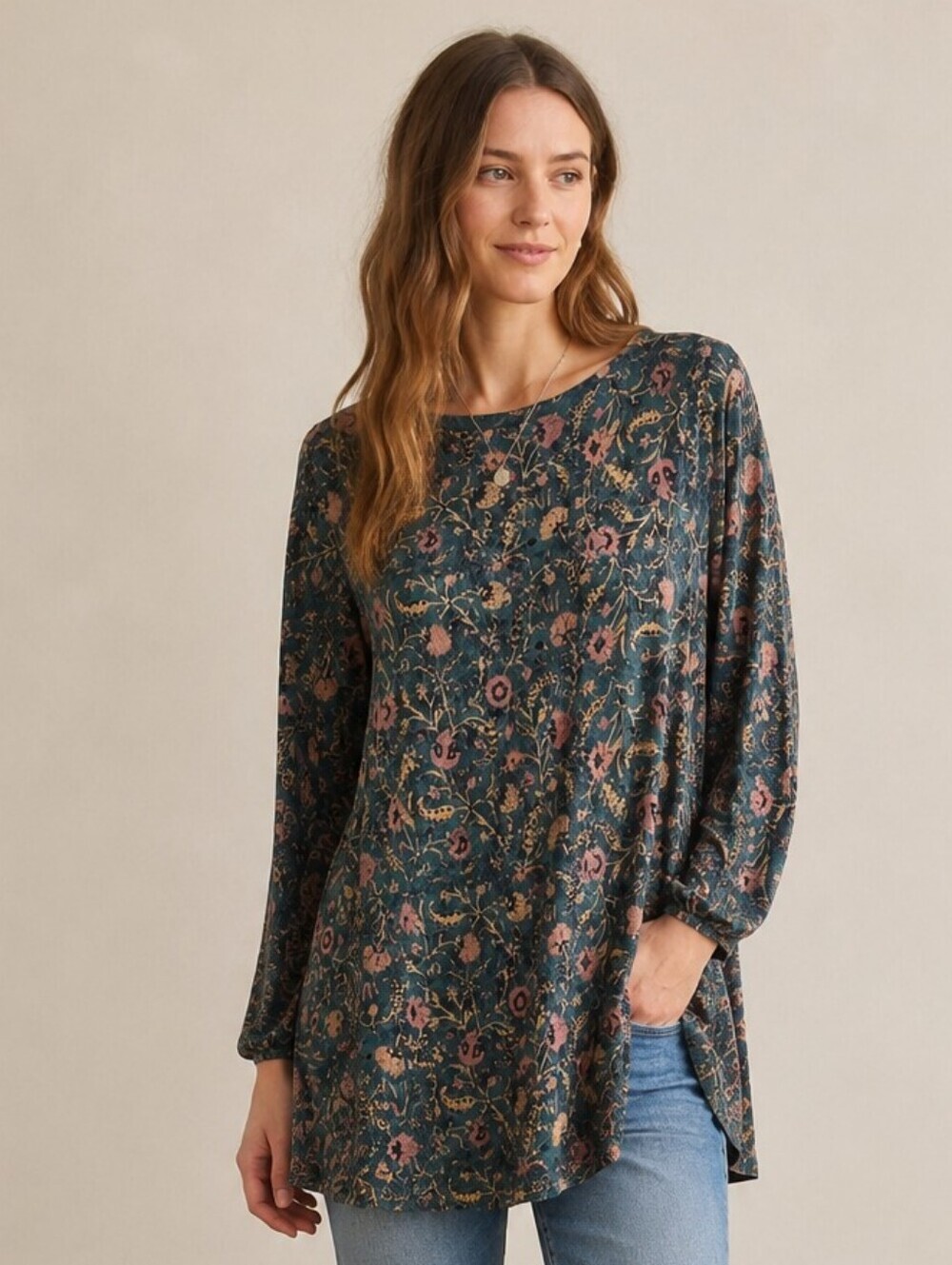 Peruvian Connection Floral Tunic Cotton Modal Blouse Top Boho Women's XXL Green